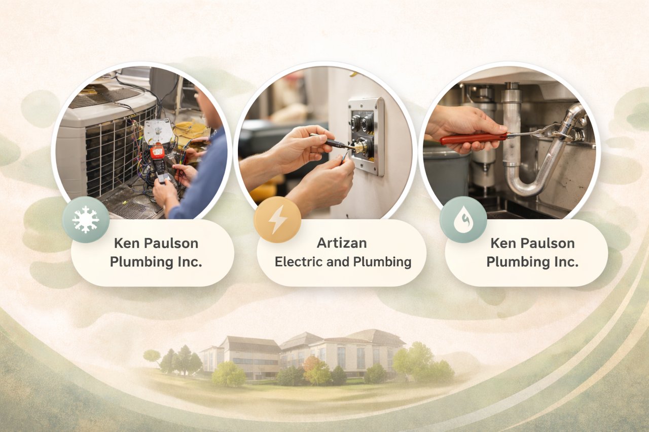 Modern graphic highlighting Best HVAC Service and Best Plumbing Service Ken Paulson Plumbing Inc. and Best Electrician Artizan Electric and Plumbing in Pullman WA