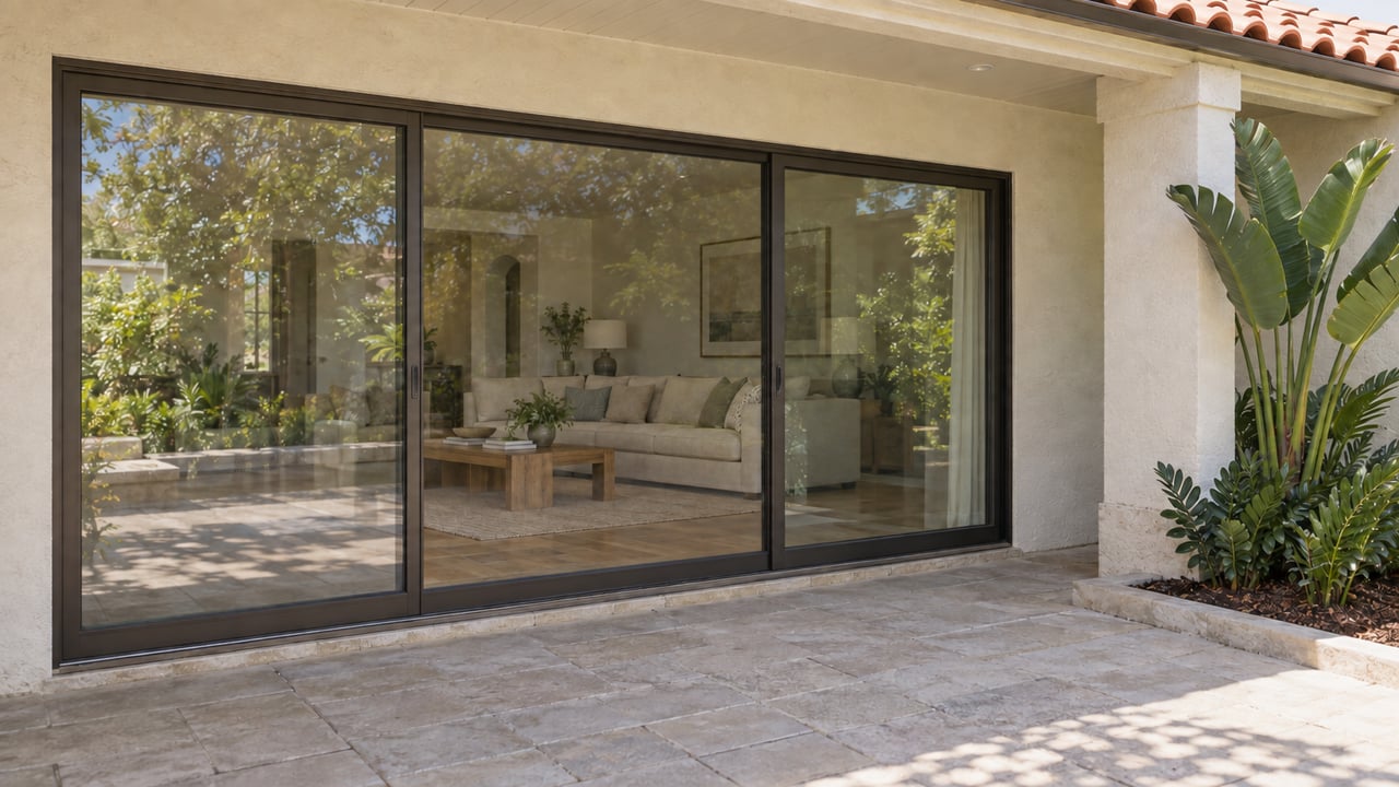 Covered stucco lanai with closed bronze-framed sliding glass doors, a warm living room beyond, and a raised tropical planting bed.