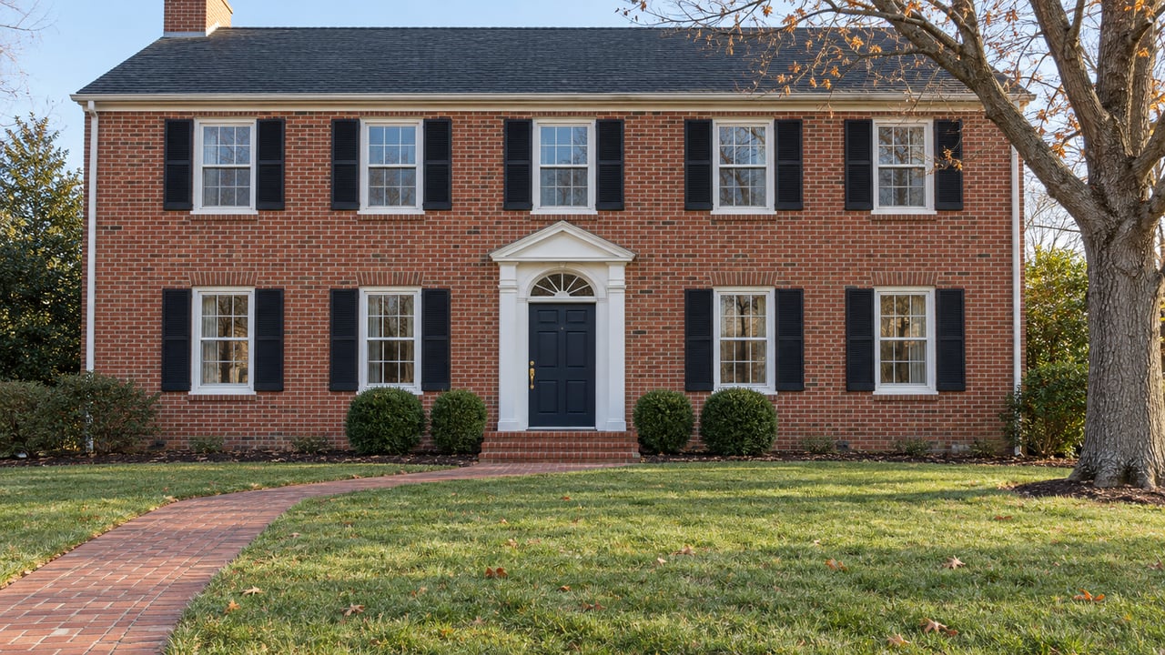 Red brick two-story home with black shutters, a navy entrance and a brick walk crossing a deep late-autumn lawn.