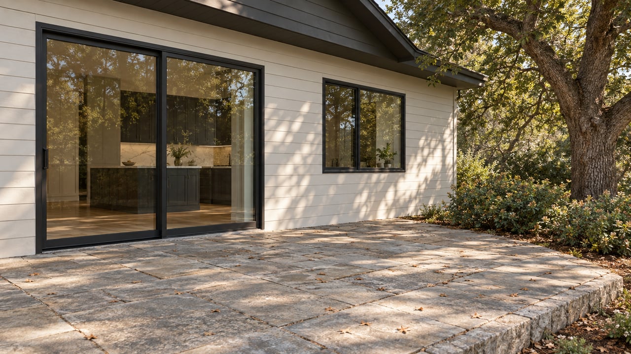 Detached house with black-framed glass doors and windows, beside an oak-shaded stone terrace.