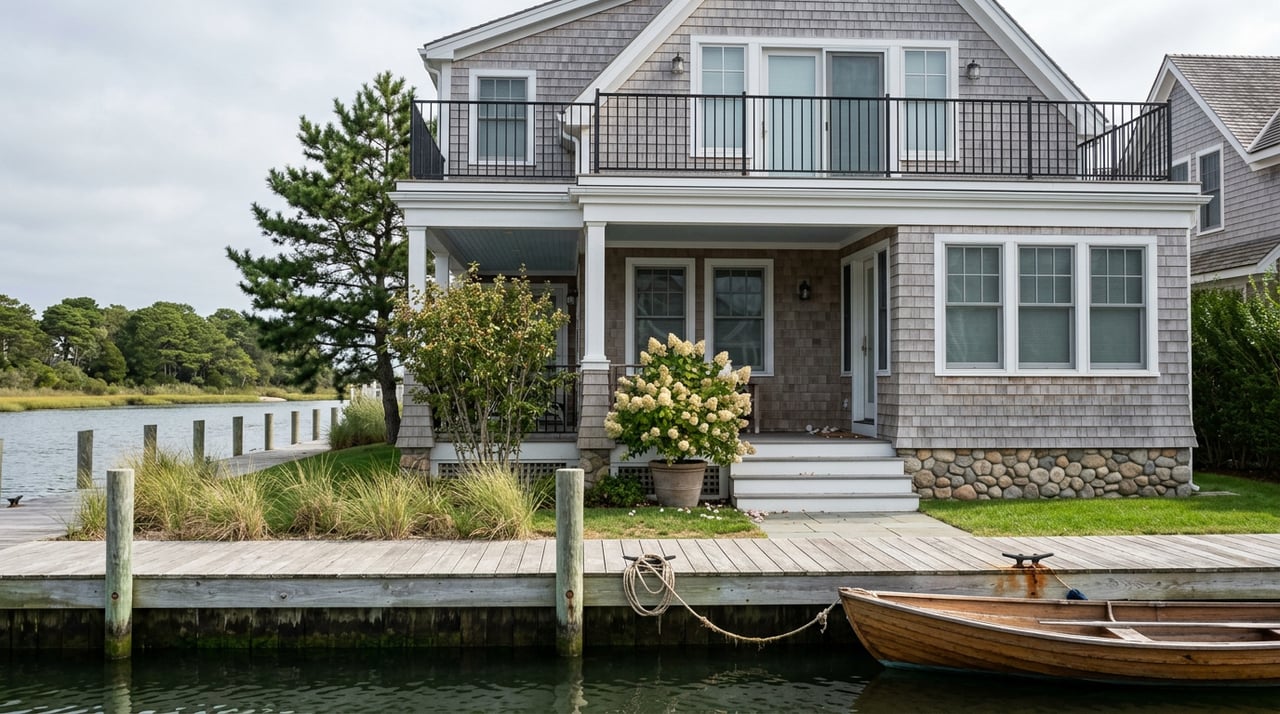 Gray cedar-shingle harbor home with a covered porch and balcony, viewed across a channel from a dock with a dinghy.