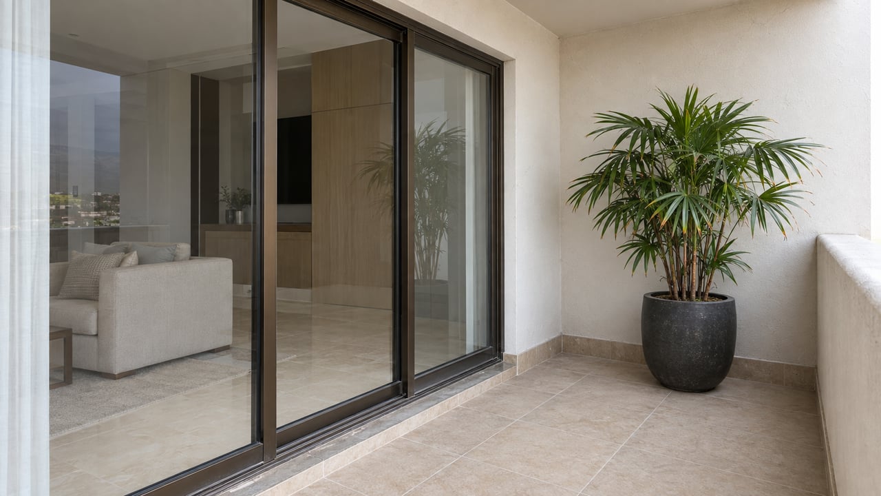 Close view of closed bronze-framed sliding doors, pale tiled apartment terrace, painted concrete parapet and a potted lady palm.
