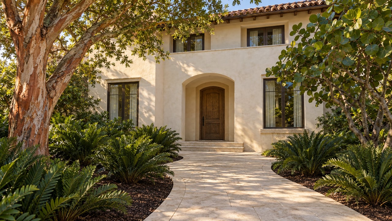 Cream stucco home with terracotta roofing, bronze-framed windows and a limestone garden approach framed by sculptural tropical trees.