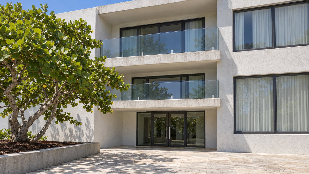 White concrete condominium facade with glass balconies, dark-framed windows and a pale stone entrance approach beside a mature sea grape tree.