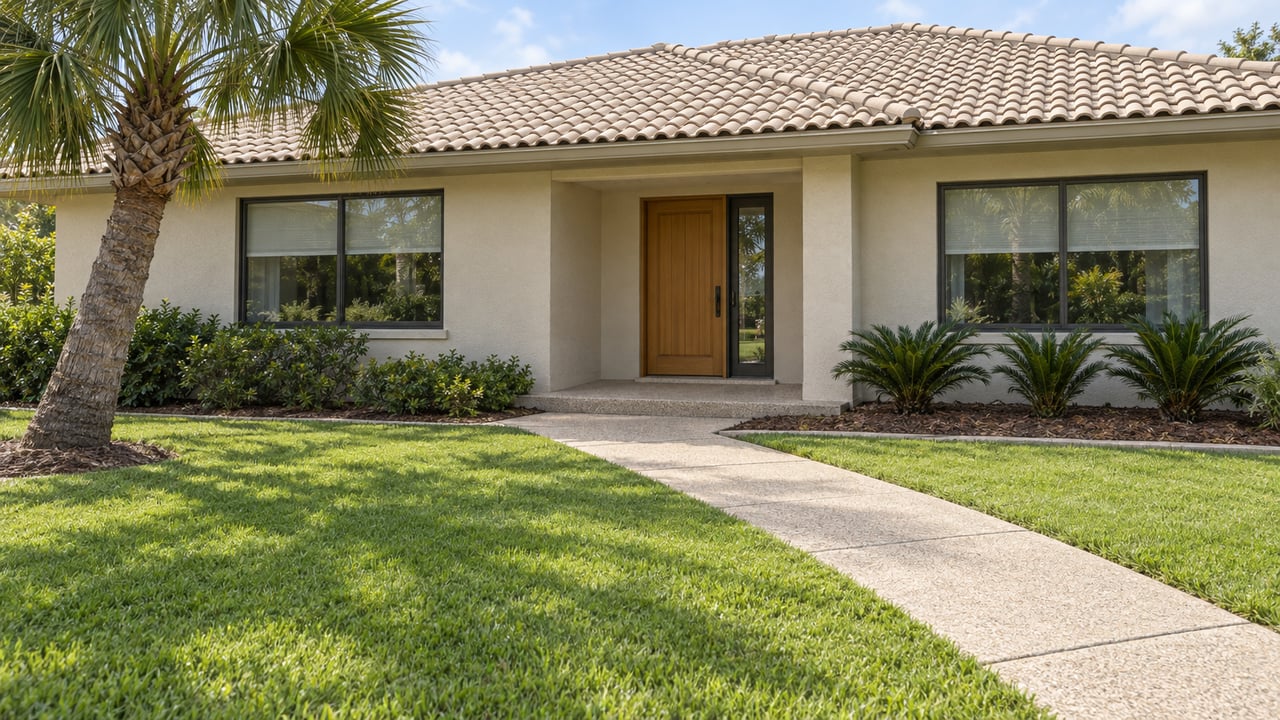 A pale stucco home with a low tile roof, bronze-framed windows and a broad front lawn beside a curved-trunk palm.