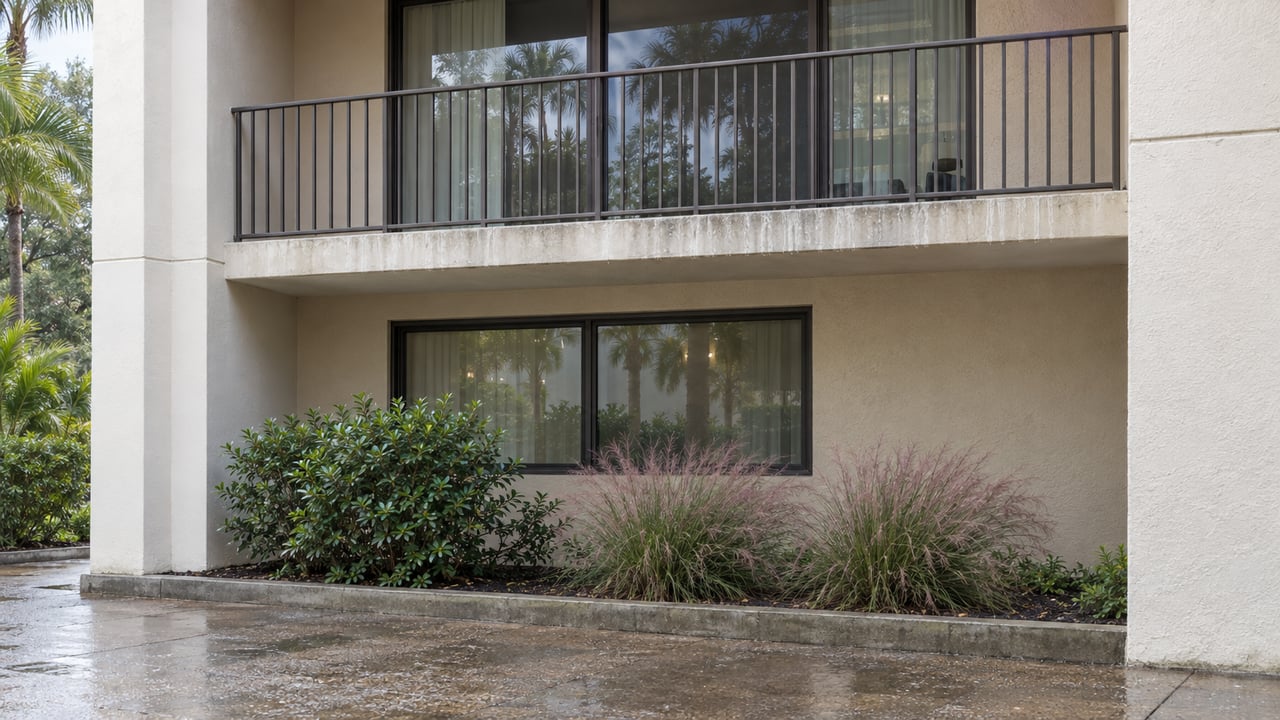 Condominium balcony with bronze sliding doors above a stucco wall, wet paving, and a small planted bed.
