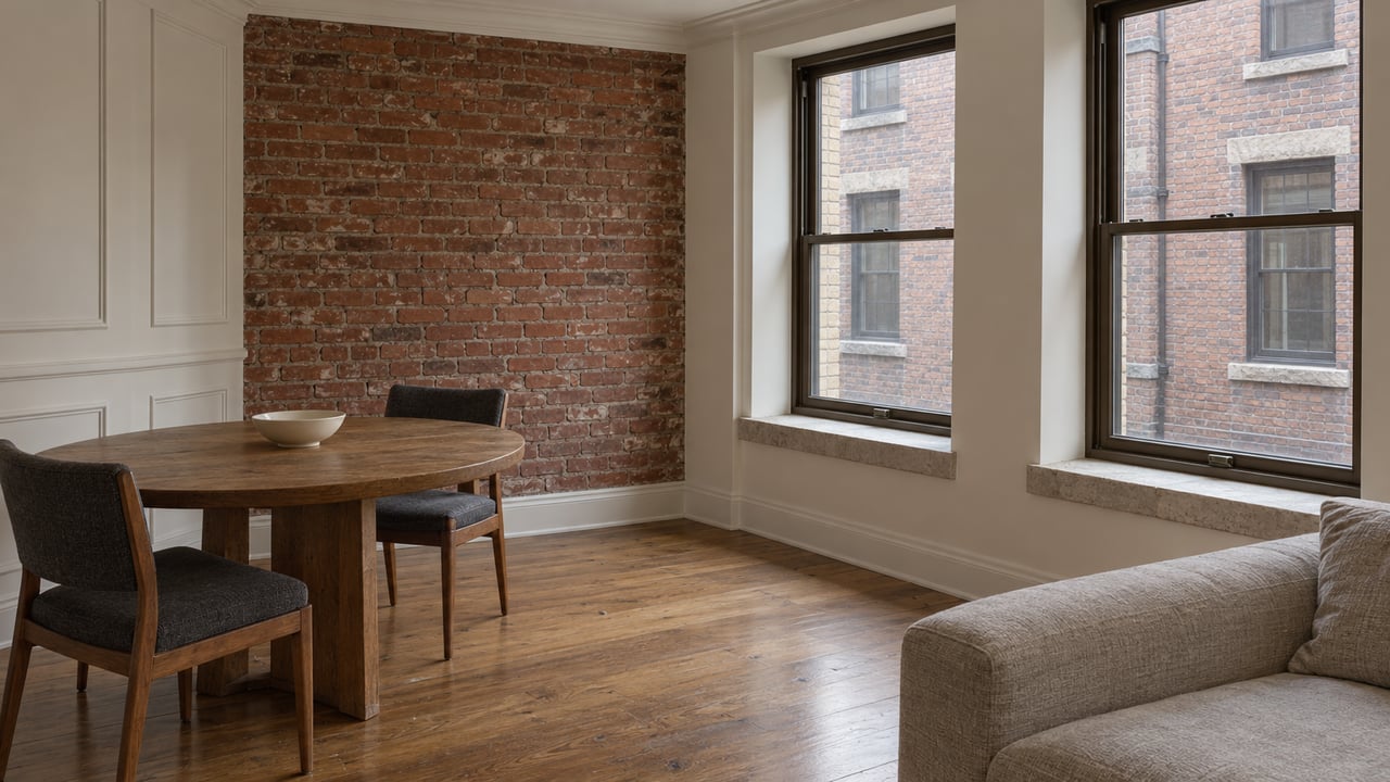 Quiet condominium living and dining corner with aged red brick, tall bronze-framed windows, oak flooring and neutral upholstered furniture.