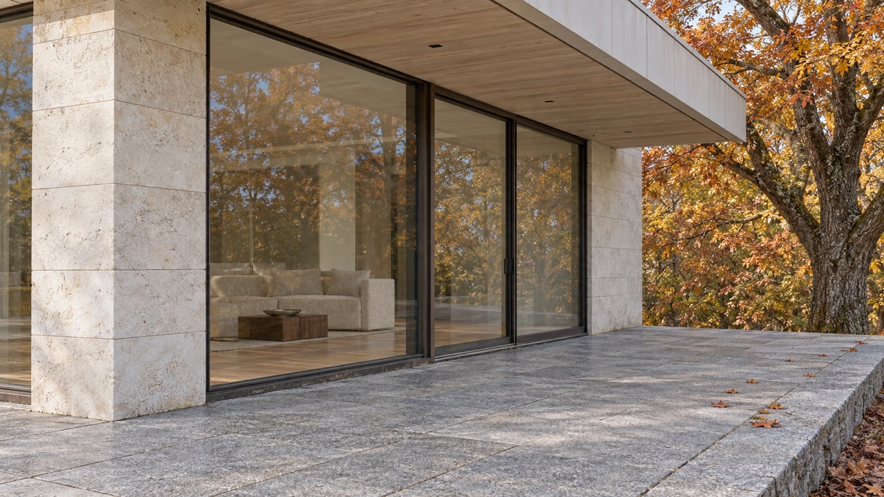 Light limestone home with bronze-framed corner glazing, gray granite terrace and an amber-leaved maple beside the raised stone edge.