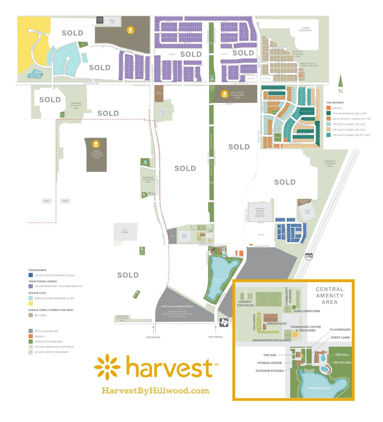 Site map of Harvest agrihood community showing neighborhoods, working farm, Harvest Hall amenities, trails and parks in Argyle Northlake Texas