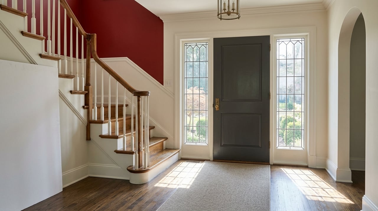 Foyer staircase with leaded-glass windows and a red accent.