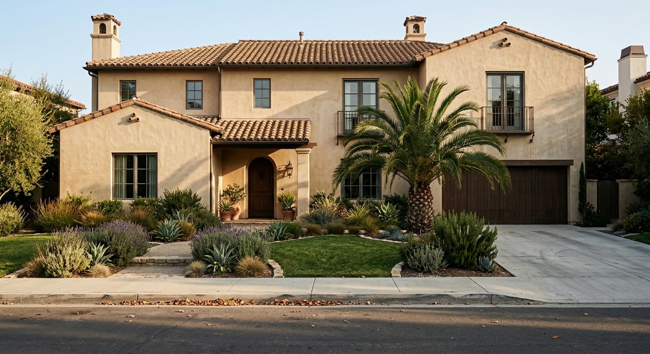 Stucco house with a terracotta tile roof, wide driveway, and drought-tolerant landscaping.