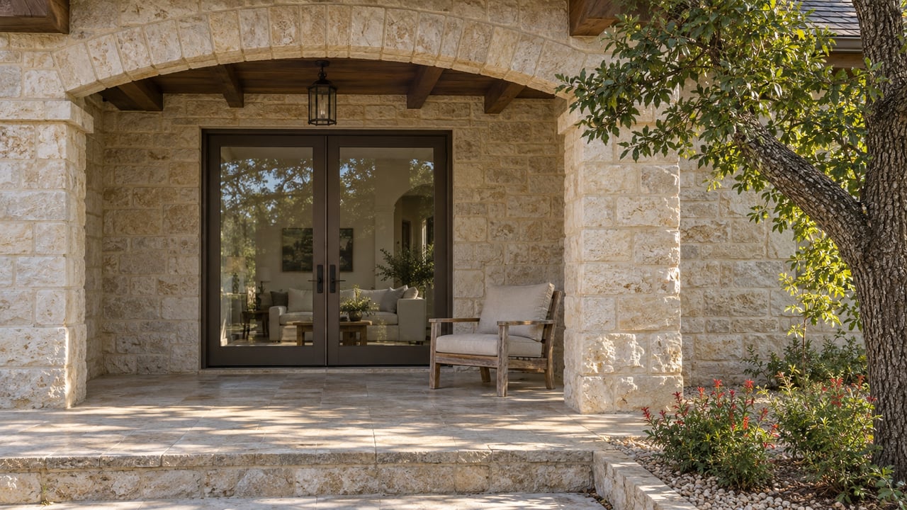 Morning light on a limestone home's covered terrace, with bronze-framed glass doors, a teak chair, and a mature live oak.