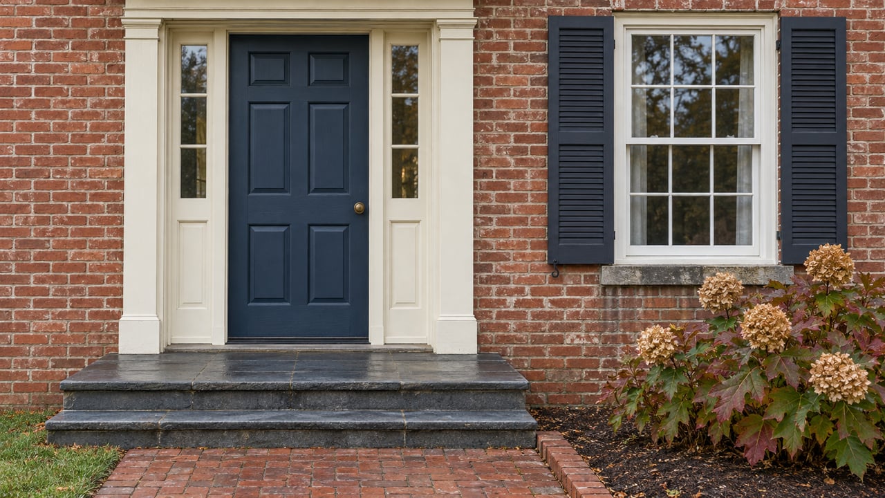 Brick home entry with a deep blue door, cream trim, slate steps, and oakleaf hydrangea beside a shuttered window.