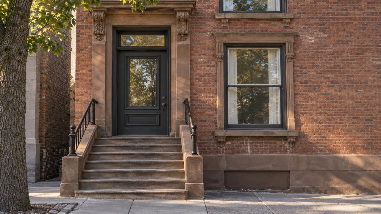 Historic brick row house with a recessed glazed door, brownstone stoop, and sidewalk tree.