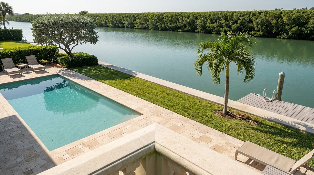 Raised view over a waterfront terrace, pool, and lawn to a seawall, dock, and calm canal.