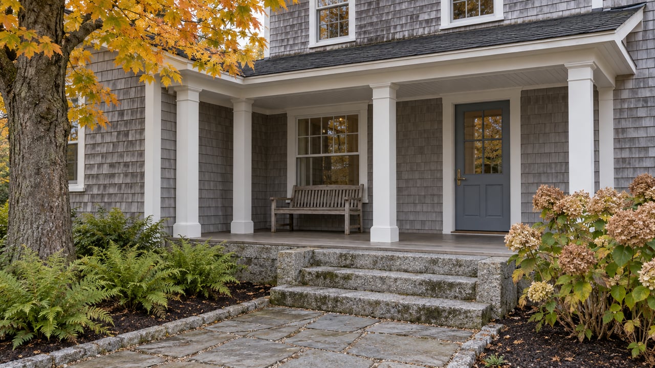 Silver-gray cedar-shingled home with white porch posts, a blue-gray glazed door, granite steps and autumn garden planting.