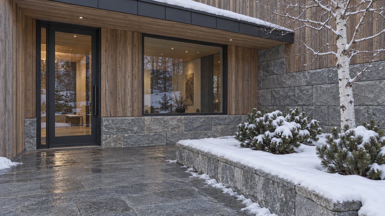 Snow-edged granite entry terrace beside cedar cladding, quartzite walls and dark-framed glazing, with a bare aspen and three compact mountain pines.