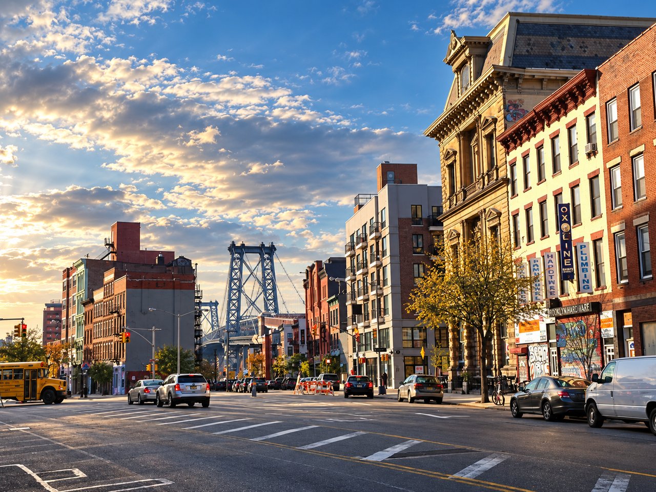 Williamsburg street leading toward the bridge, with brick storefronts and autumn trees.