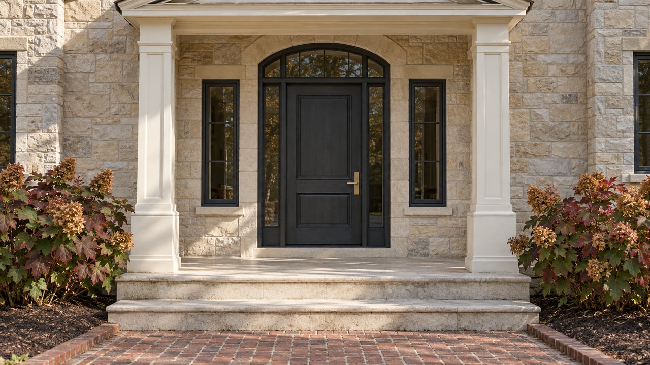 A pale limestone home entrance with a charcoal door, arched transom, ivory portico and broad stone steps beside oakleaf hydrangeas.