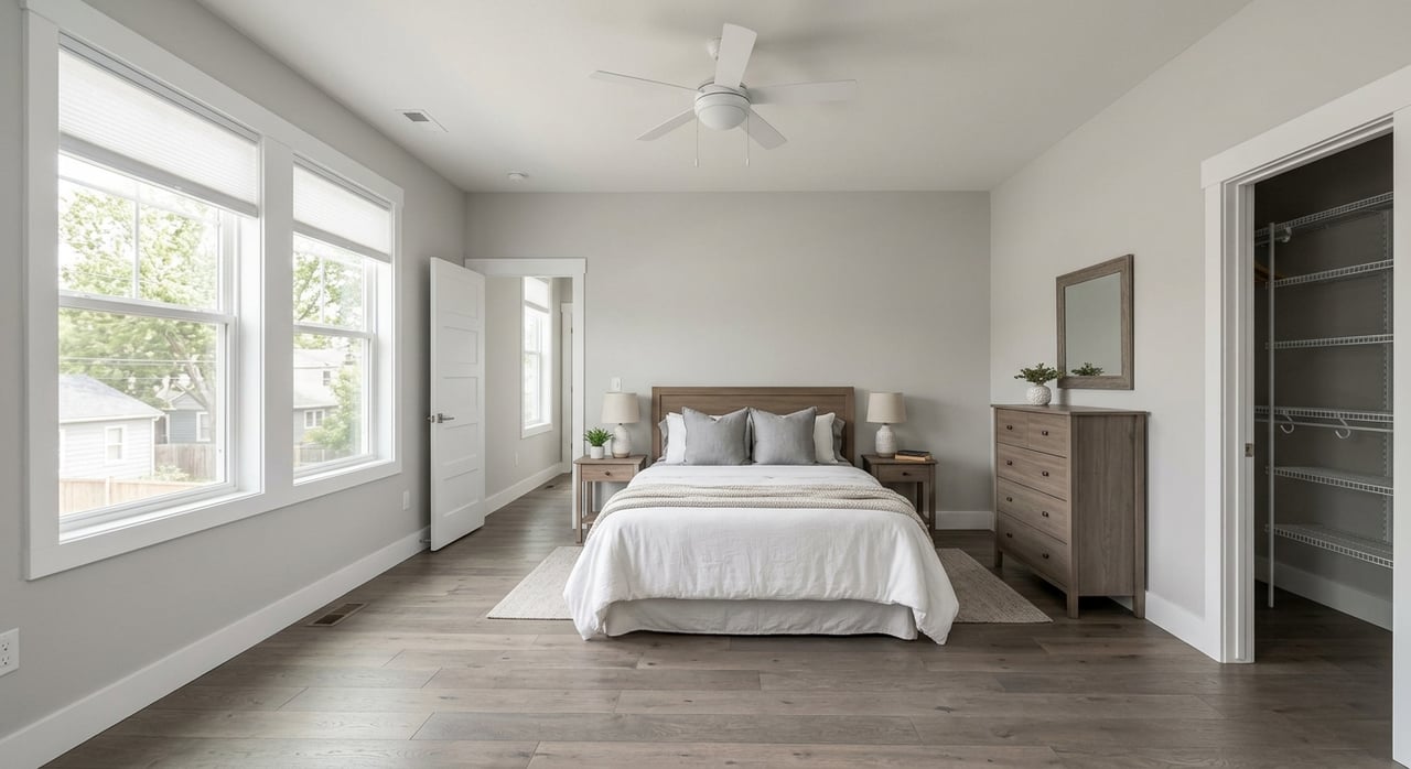 Bright bedroom with a gray upholstered bed, pale oak nightstands, two windows, and a tall plant.