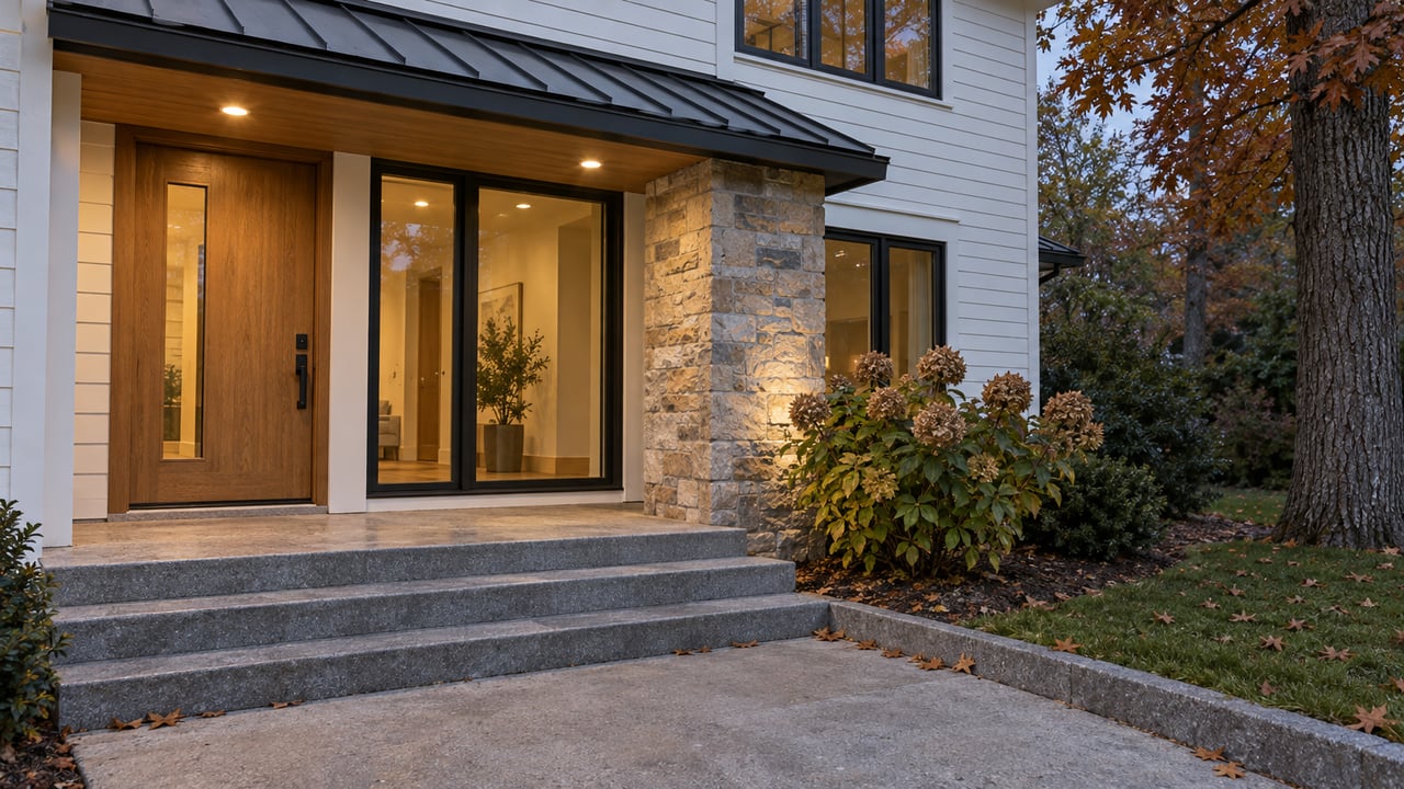 A white two-story home's sheltered oak entry glows at autumn dusk beside limestone, granite steps and a mature oak.