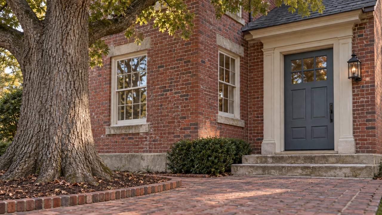 Mulched oak bed bordered by a low brick course beside a brick approach.
