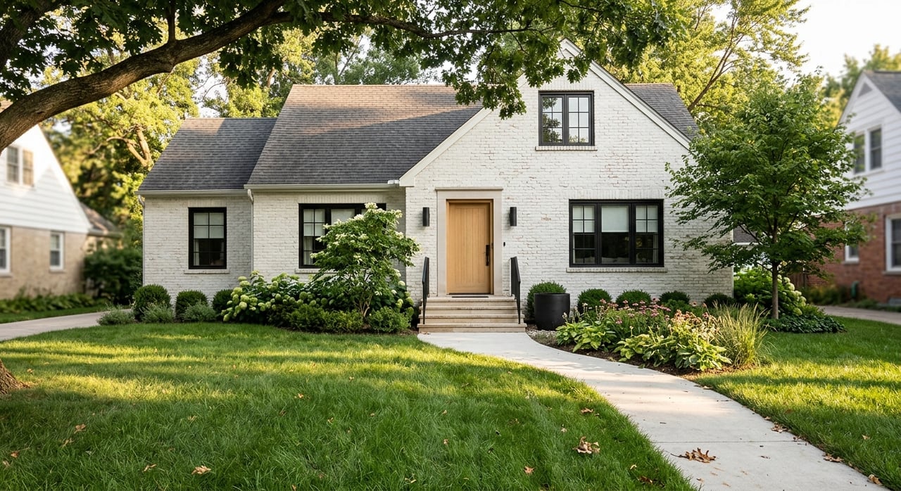 White-brick home with curved walkway, broad lawn, mature trees, black windows, and light-oak entry.
