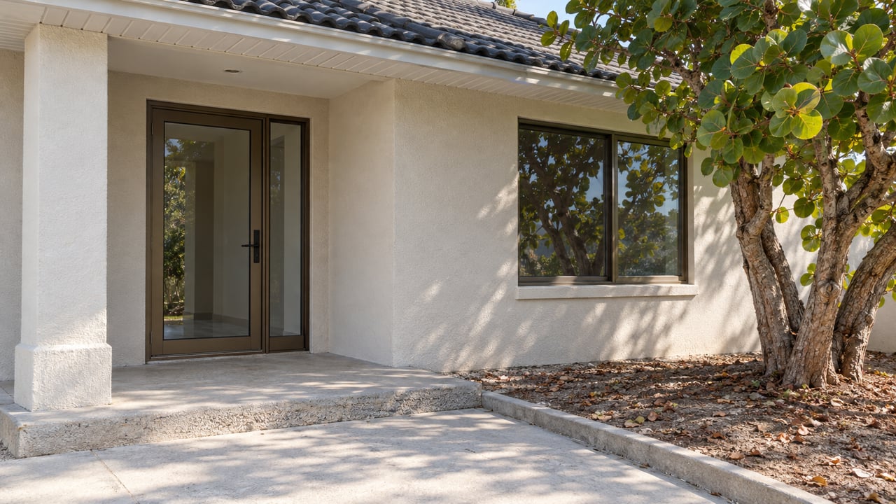 Sunlit ivory stucco home entry with bronze-framed glass, a raised concrete porch and a mature sea grape tree.