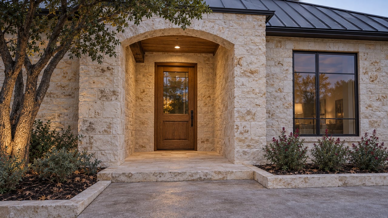 Limestone home entrance with an arched stone porch, wooden door, and landscaped walkway at dusk.