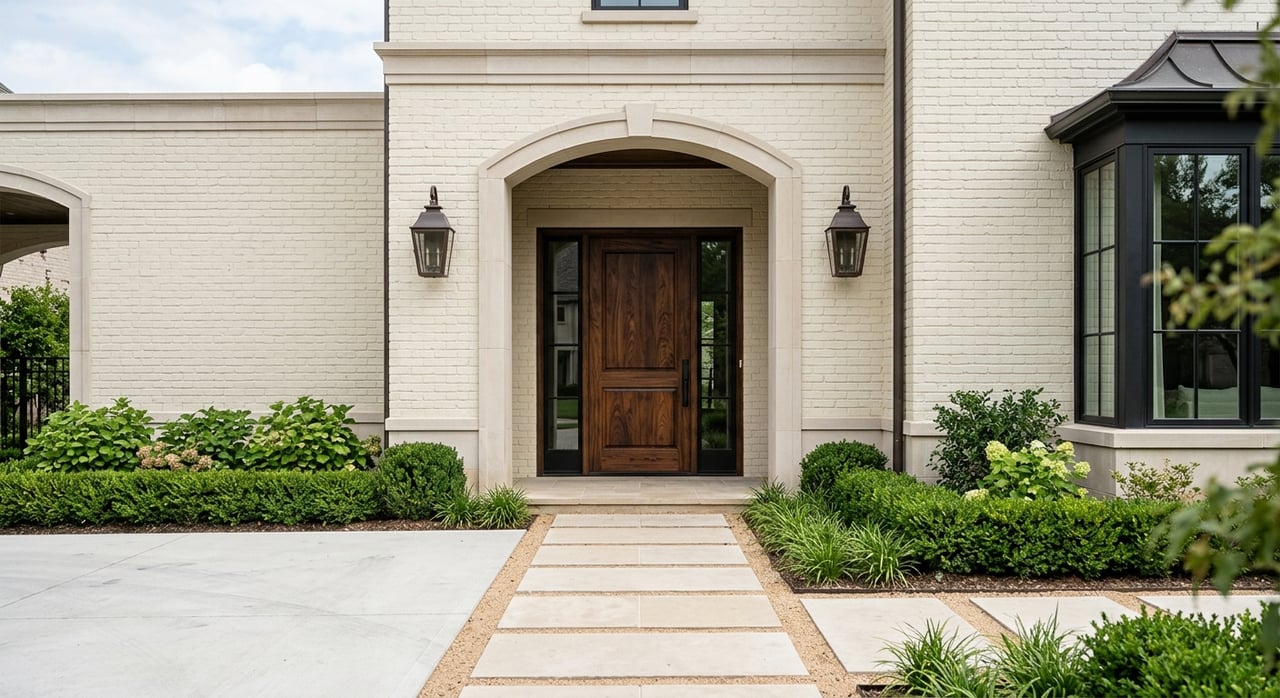 Cream brick home with an arched limestone entry, walnut door, stepping-stone path, and flowering garden plants.