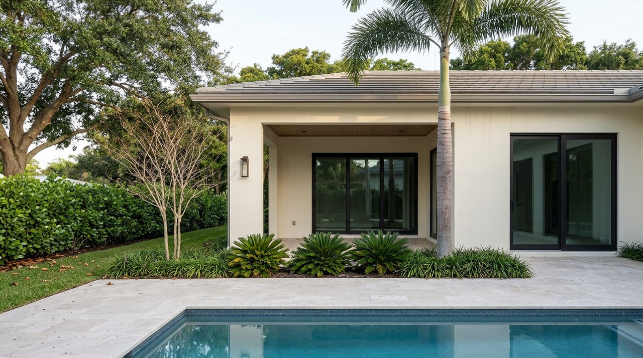 Coastal home with a covered wood-ceiling loggia, travertine pool terrace, and royal palm amid dense subtropical planting.