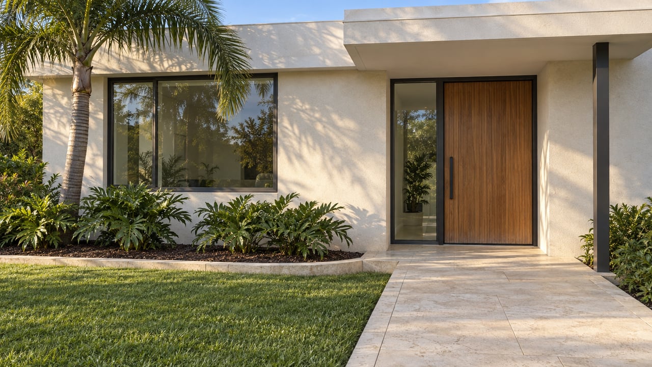 Contemporary white stucco home with a teak entry door, limestone front walk, and a sculptural palm in a planted garden.