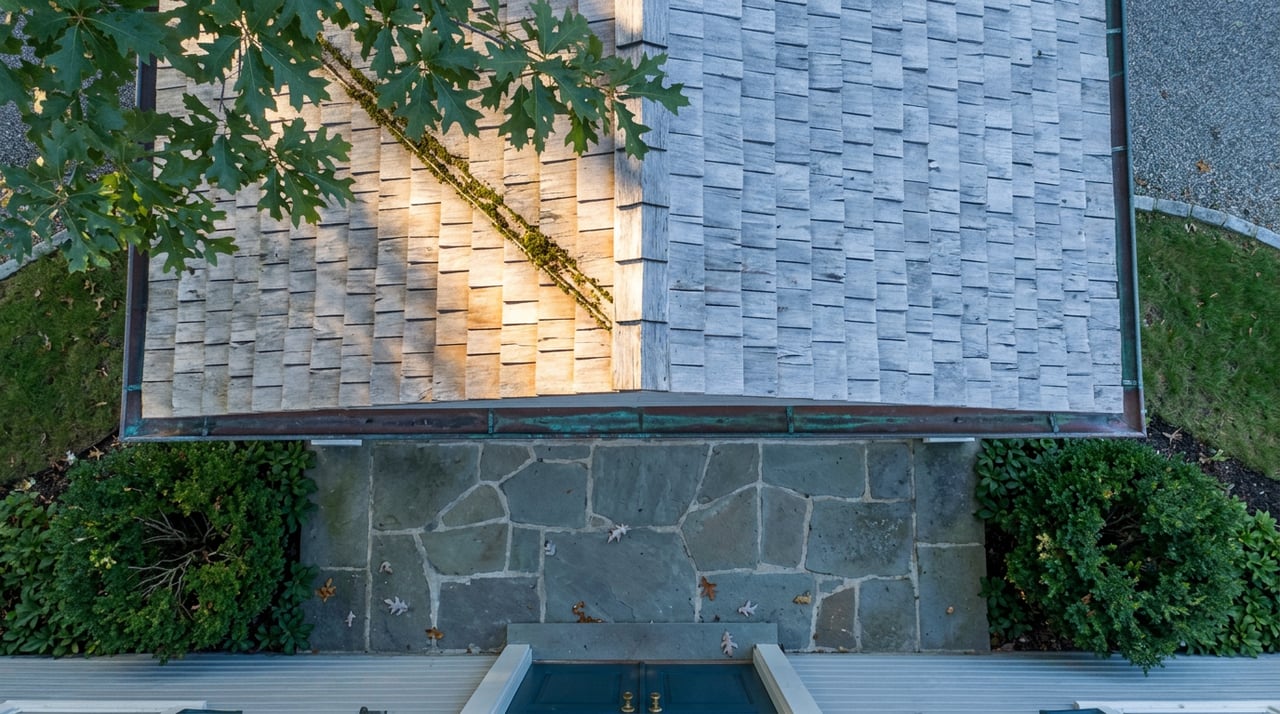 Weathered cedar-shake porch roof above a fieldstone landing, flanked by rounded boxwoods and crossed by an oak-limb shadow.