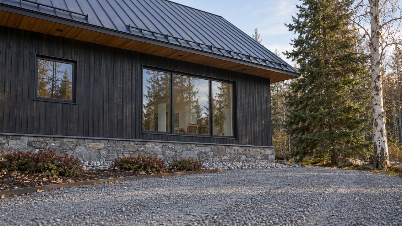 Charcoal-sided gabled home with timber eaves, broad windows and a gravel approach beside spruce and pale-barked birch.