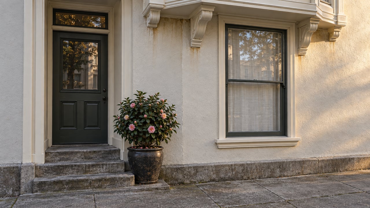 Ivory bay-fronted townhouse with a recessed green door, tall sash window, stone steps, and potted camellia.