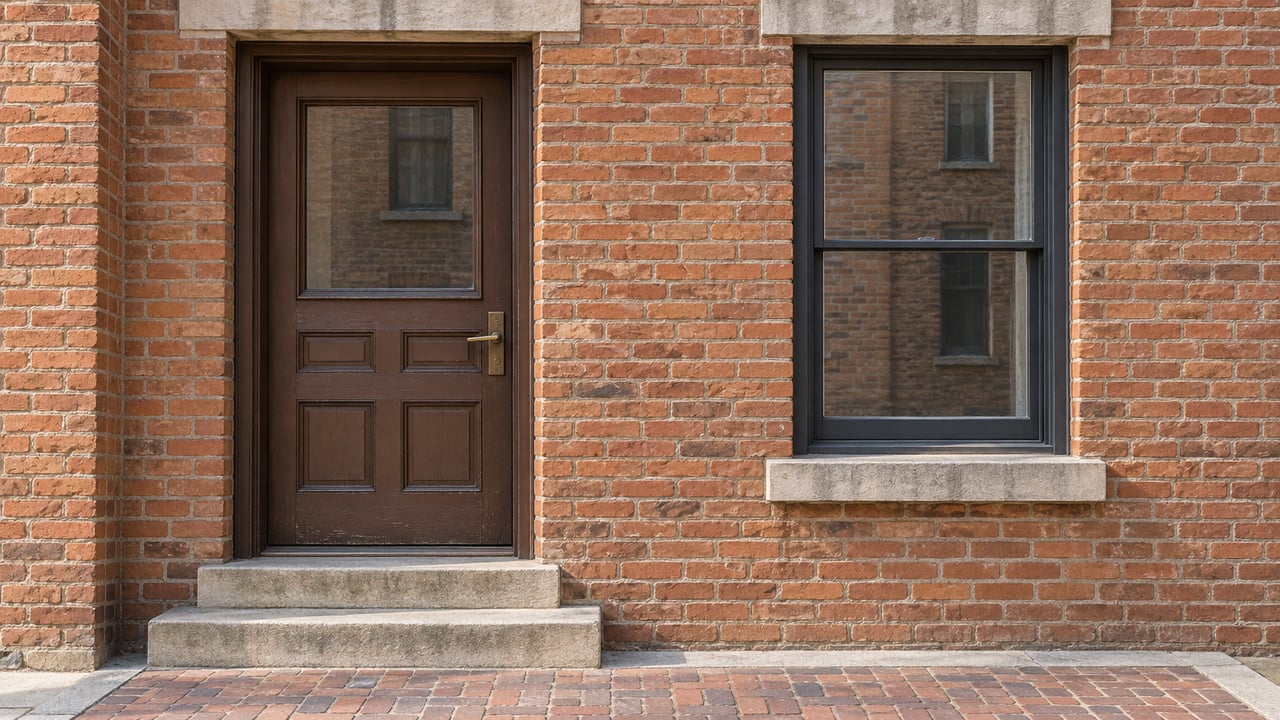 Restored red-brick home entrance with a paneled timber door, tall sash window, and worn limestone steps in natural sunlight.