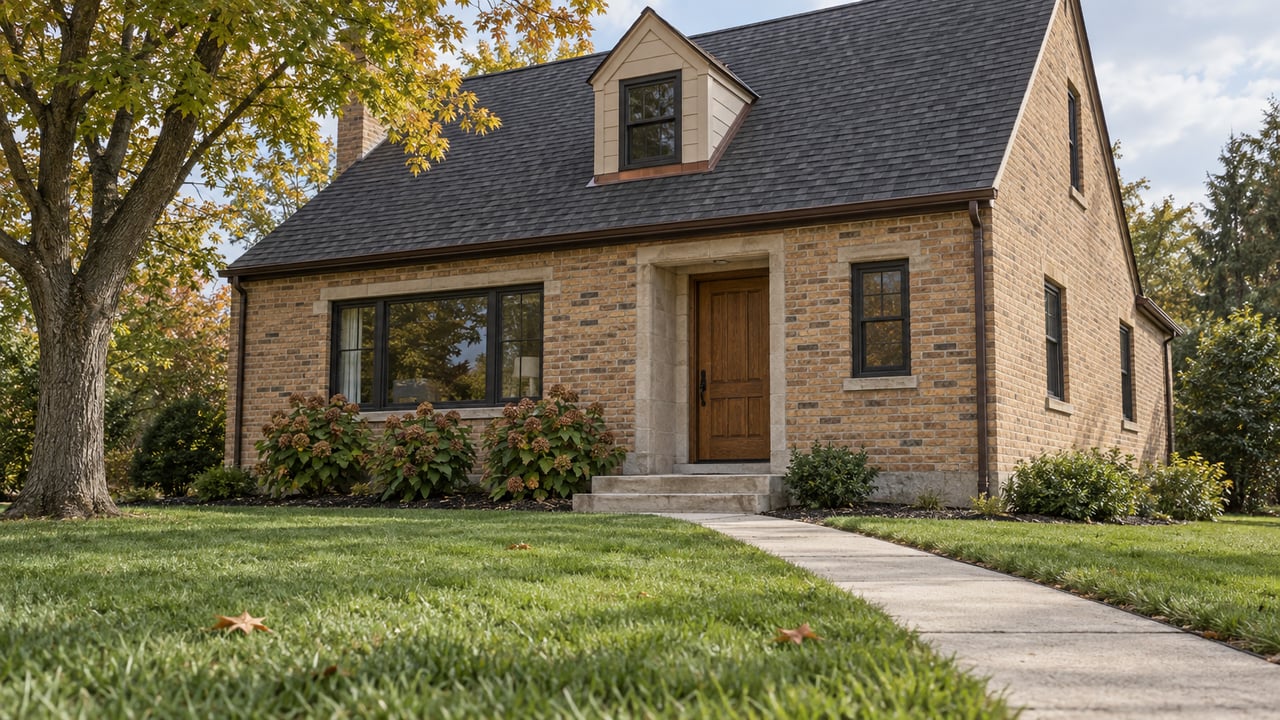 A compact buff-brick home with a steep gabled roof, dark window frames, limestone entry steps, and a deep lawn beneath an autumn sugar maple.