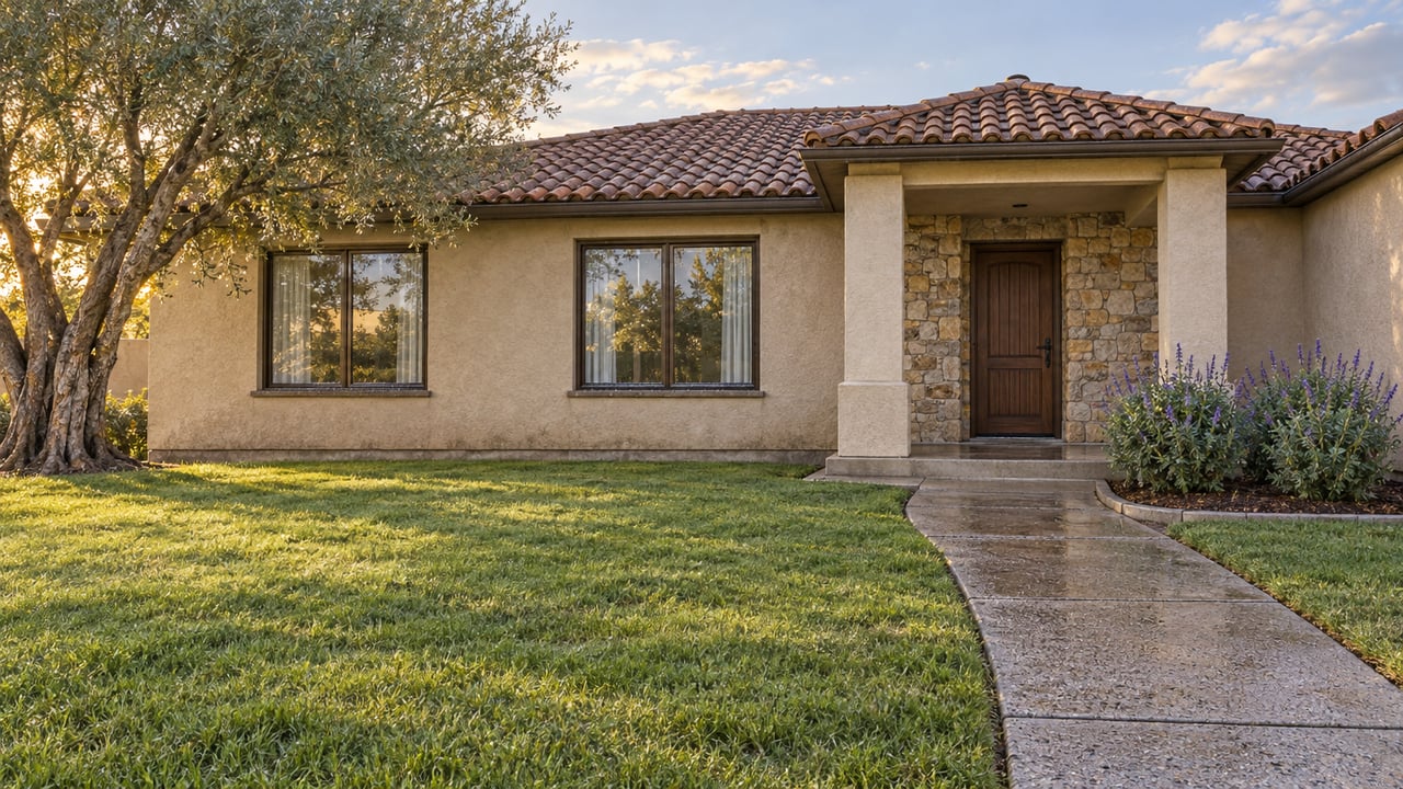 Rain-darkened concrete approach crosses a broad lawn toward a sand-stucco home with stone entry, clay tile roof and silver-leaved olive tree.