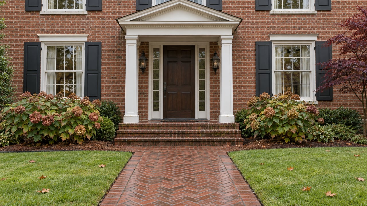 Red-brick home with a sheltered white-columned entry, herringbone brick approach and early-autumn planting.