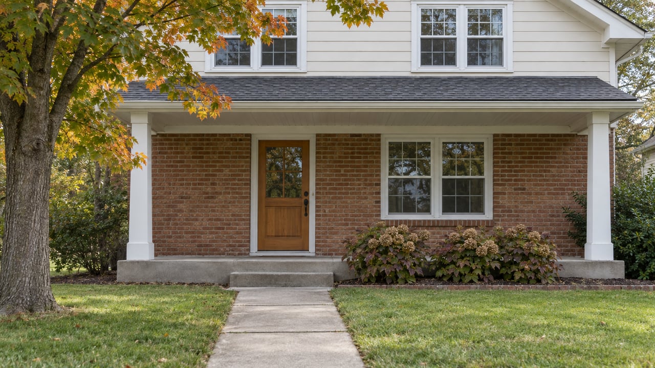 Brick and cream-sided home with a covered front porch, concrete walk, autumn maple and broad lawn.