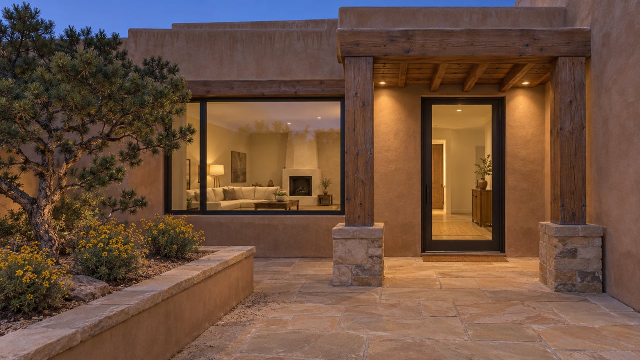 Earth-toned stucco residence at blue hour with a timber portal, illuminated windows, sandstone approach and a sculptural pinyon pine.