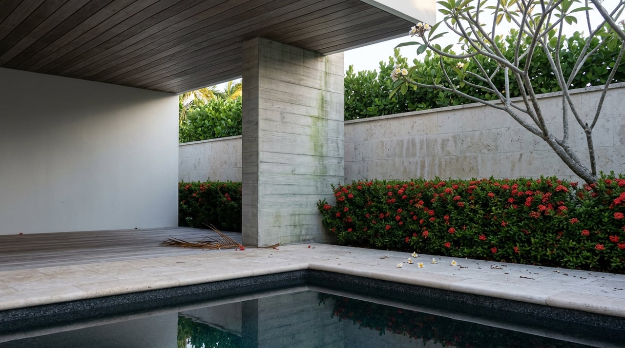 A terrace pool corner with travertine coping, a board-formed concrete column, and plumeria blossoms above a red-flowered hedge.