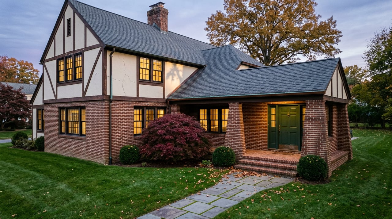 Tudor-style brick home with glowing windows, a crimson Japanese maple, and leaf-strewn stone path at dusk.