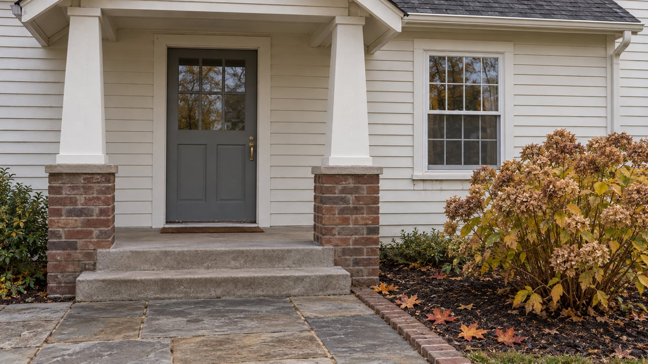 Off-white cottage entry with paired tapered porch posts, brick bases, weathered concrete steps, and dried panicle hydrangea blooms.
