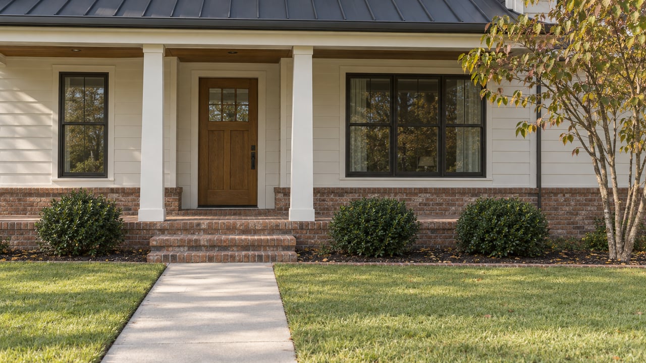 Detached suburban home with off-white siding, red-brown brick steps, a straight lawn path, and a multi-stem tree.
