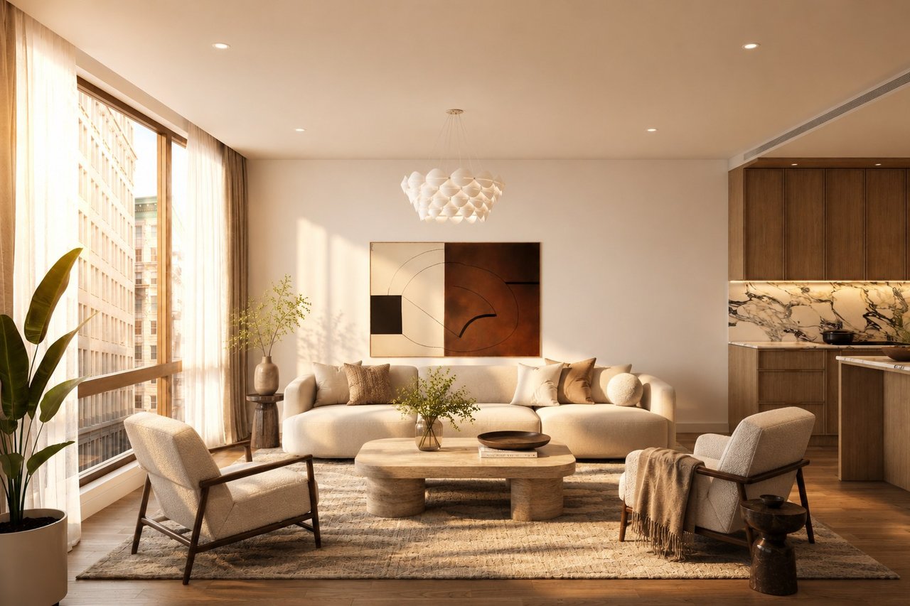 Contemporary living room with a cream sectional, abstract artwork, and floor-to-ceiling city-facing windows.