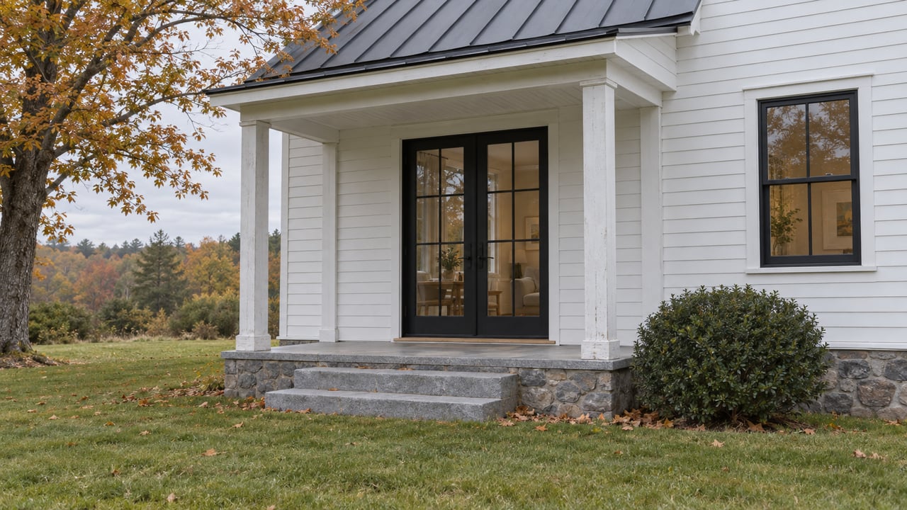 White clapboard house with black-framed French doors, granite steps, and a sparse amber maple beside the lawn.