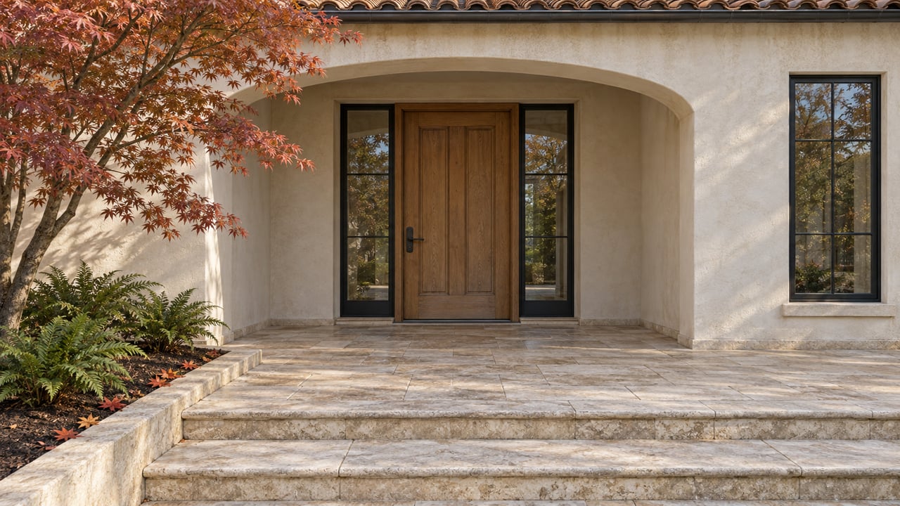 Afternoon light on an ivory stucco arched entry with an oak door, limestone steps and a copper-red Japanese maple.