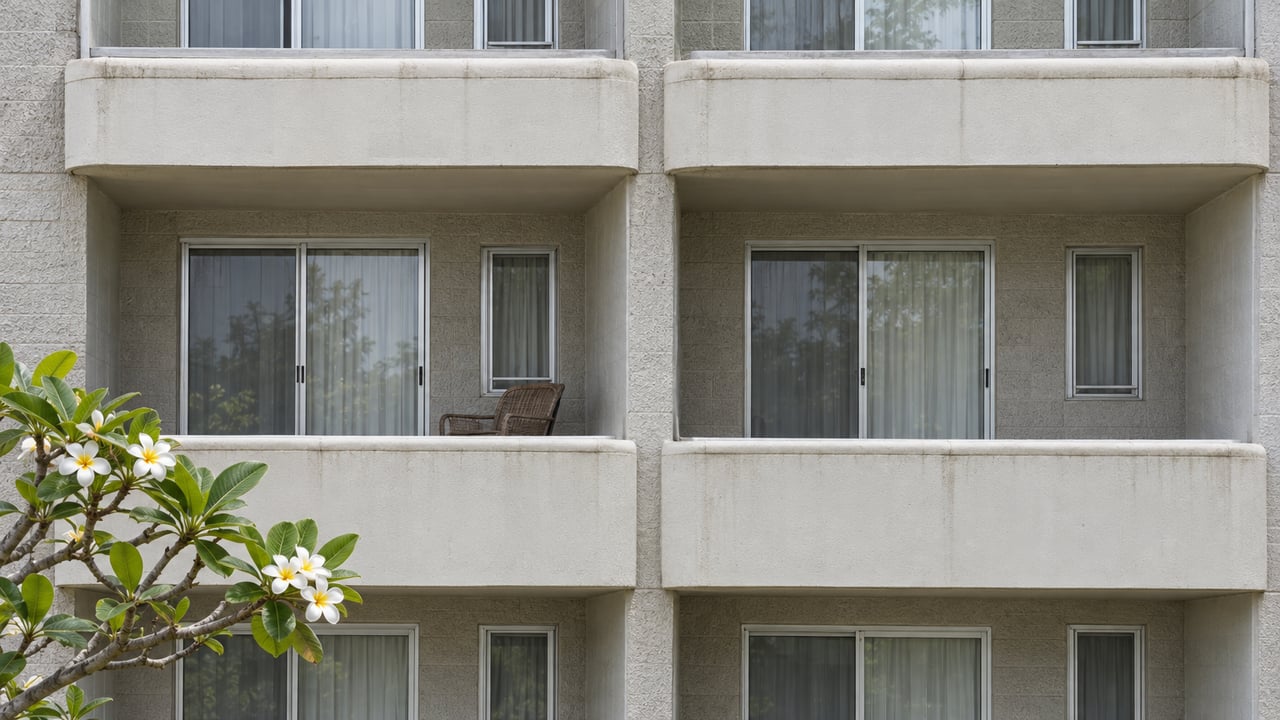 Older condominium facade with painted concrete lanais, aluminum sliding doors and a white-flowering plumeria branch.