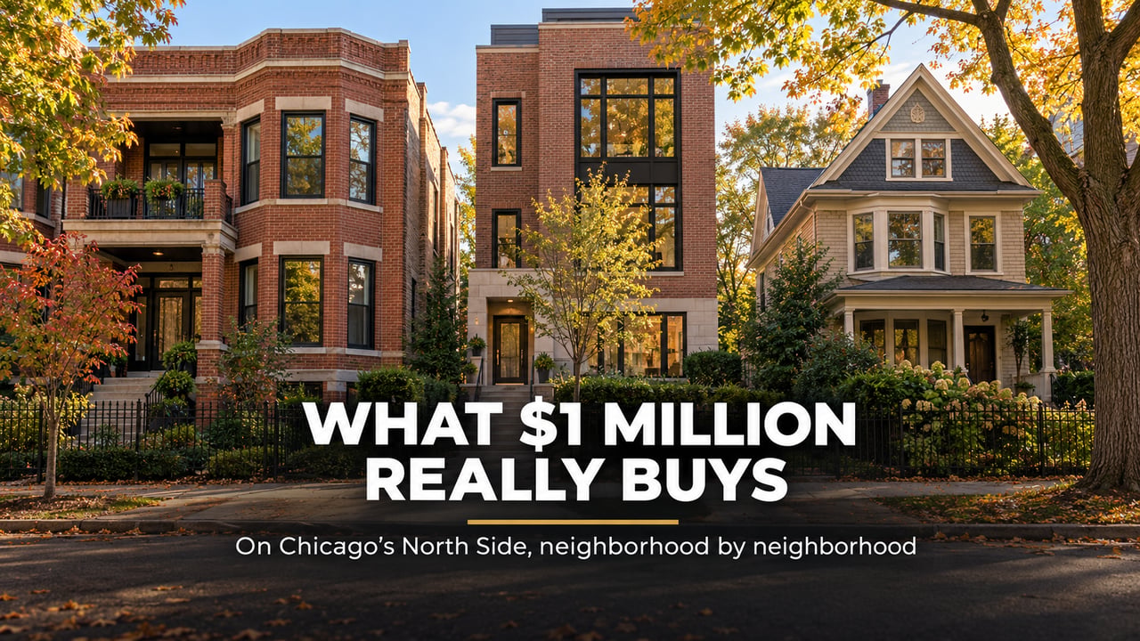 Brick homes and condo buildings on a tree-lined street on Chicago's North Side